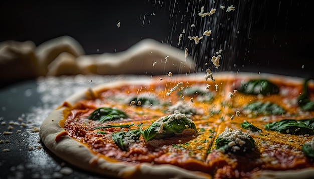 A pizza being poured on a table with a person holding a knife and a pizza cutter.