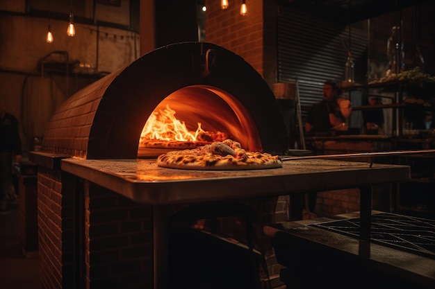 Pizza being pulled out of a brick oven generative ai