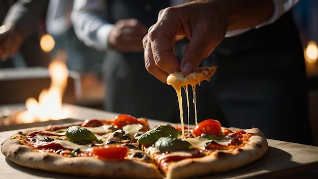 A pizza being served at a corporate event gourmet tast