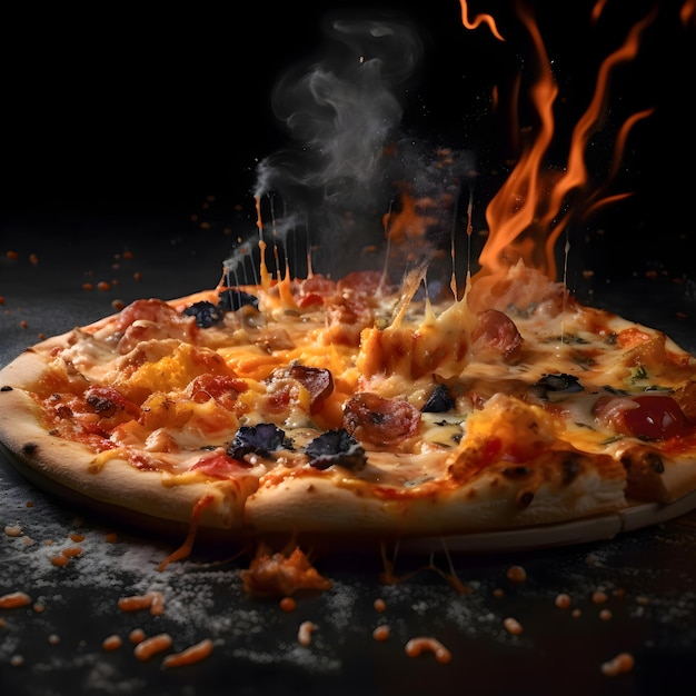 Pizza on a black background with flames and smoke Closeup