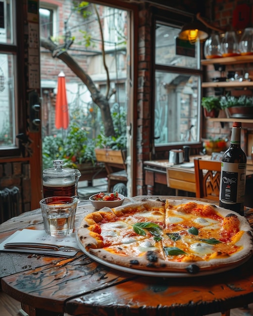 Photo a pizza and a bottle of wine sit on a table in a restaurant