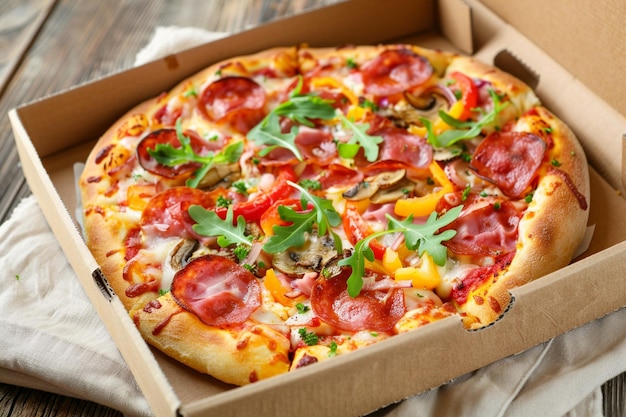 Pizza in box on wooden table closeup