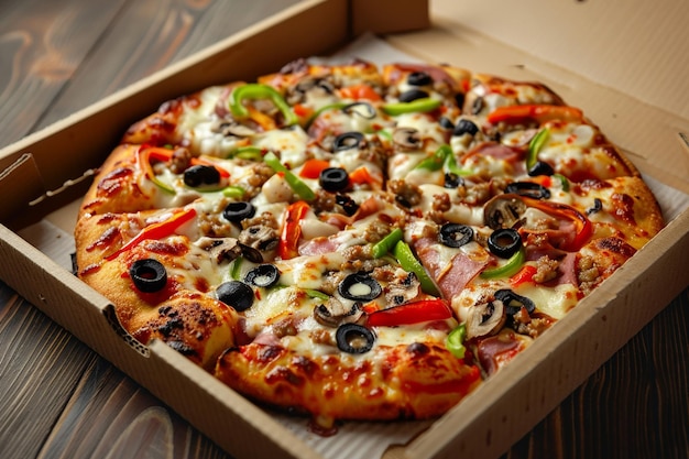 Pizza in box on wooden table closeup