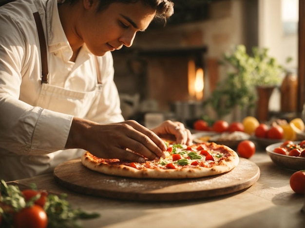 Pizza chef makes pizza in a restaurant