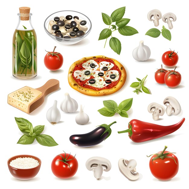 pizza cooking ingredient and product item vector set isolated on white background hyperrealism