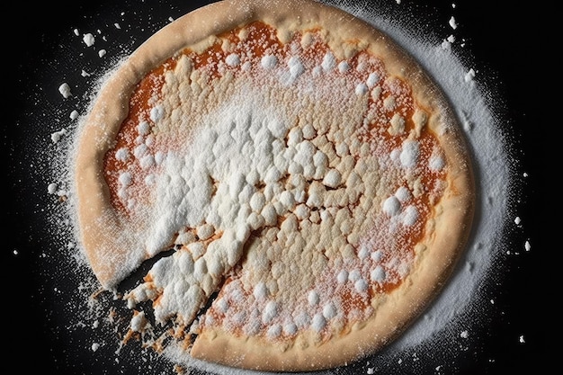 A pizza crust that is flour spattered