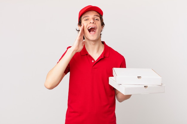 Pizza deliver man feeling happy,giving a big shout out with hands next to mouth