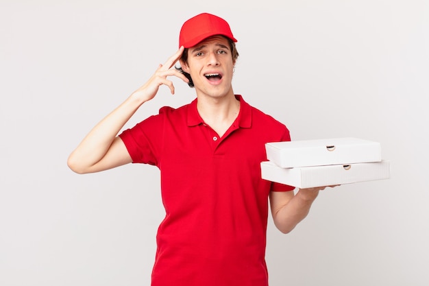 Pizza deliver man looking happy, astonished and surprised