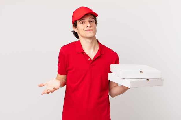 Pizza deliver man shrugging, feeling confused and uncertain