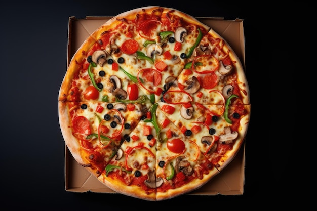 Pizza delivered on a dark background with box and space for text Menu included