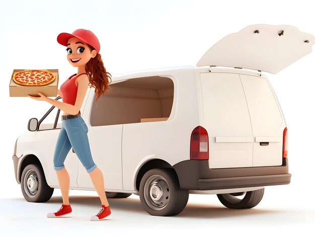 Photo pizza delivery girl with van