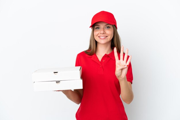 Pizza delivery Lithuanian woman isolated on white background happy and counting four with fingers