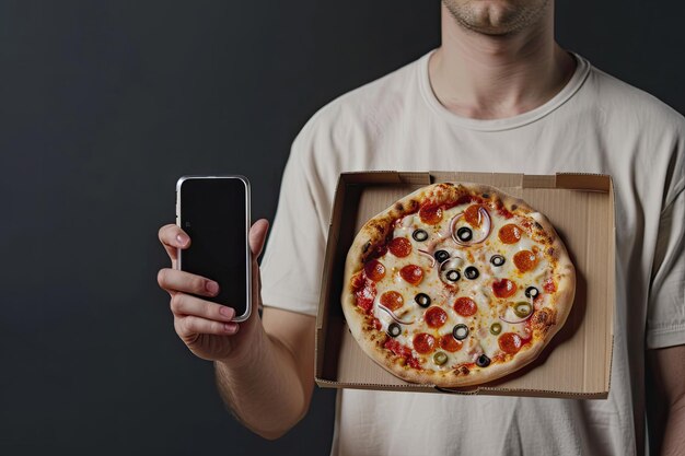 Photo pizza delivery man holding a mobile