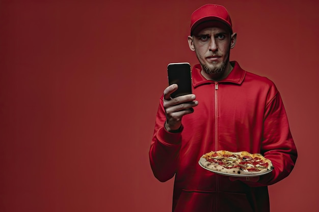 Photo pizza delivery man holding a mobile