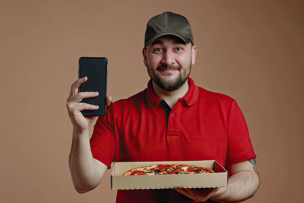 Photo pizza delivery man holding a mobile