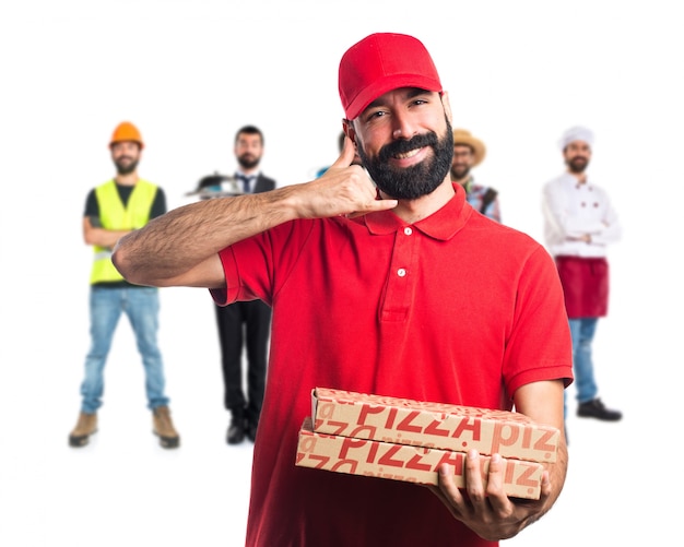 Pizza delivery man making phone gesture