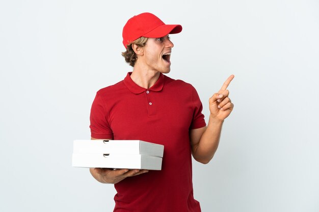 Pizza delivery man over white intending to realizes the solution while lifting a finger up