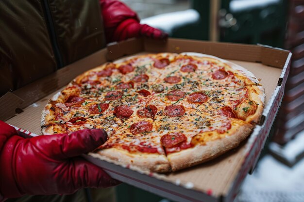 A pizza delivery person handing over an order without a logo or text near the entrance of the house