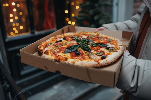 A pizza delivery person handing over an order without a logo or text near the entrance of the house