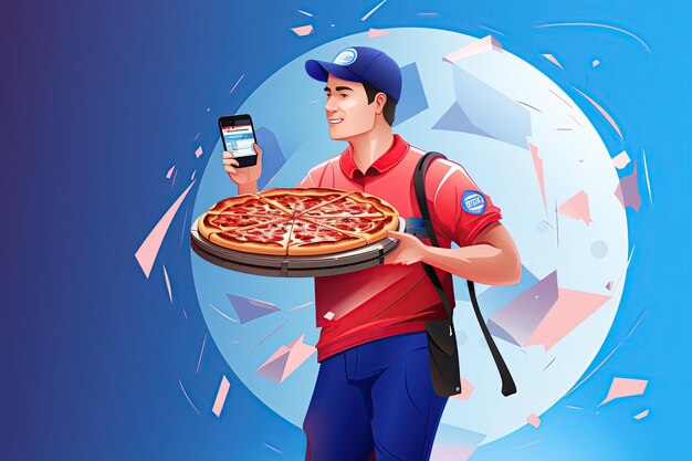 Photo pizza delivery worker in action show them holding a pizza box with the iconic logo ready to fulfill customers' cravings generated with ai