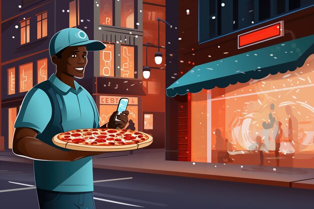 Photo pizza delivery worker in action show them holding a pizza box with the iconic logo ready to fulfill customers' cravings generated with ai