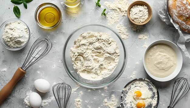 Photo pizza dough starter in glass jar products and whisk on gray textured table flat lay