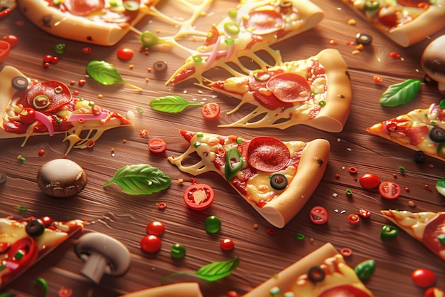 Pizza Festival Scene with Various Pizza Slices and Tossing Dough on a Rustic Wooden Background