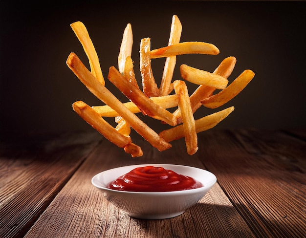 Pizza fries floating with cheese dip and ketchup