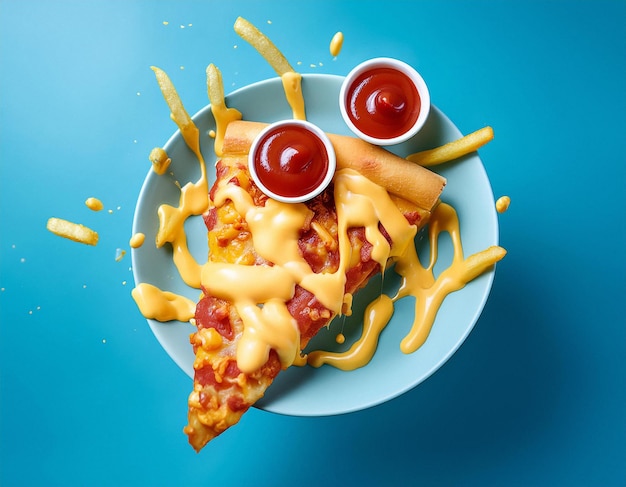 Pizza fries floating with cheese dip and ketchup