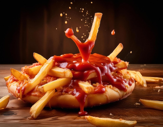 Pizza fries floating with cheese dip and ketchup