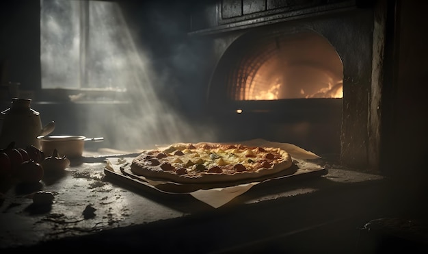 A pizza in front of a wood - fired oven.