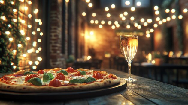 Photo pizza and a glass of wine under string lights in a restaurant