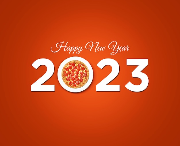 Pizza Happy New Year Concept. Pizza shape isolated on 2023 new year lettering typography. Restaurant