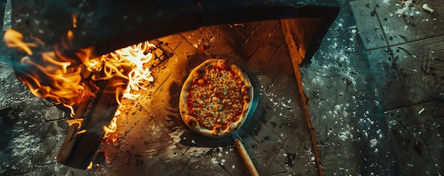 Photo a pizza is being cooked in an oven with a fire burning in the background