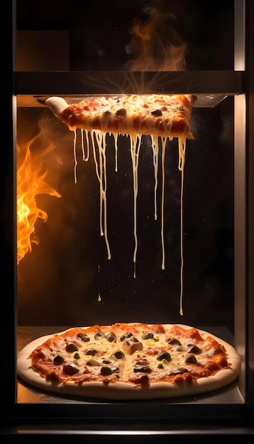 Photo a pizza is being cooked in an oven with flames coming out of the oven