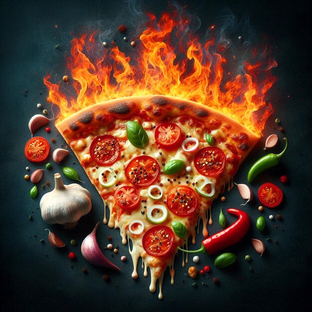 A pizza is burning in flames with a picture of tomatoes and peppers