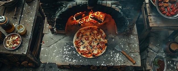 Photo a pizza is cooking in an outdoor oven