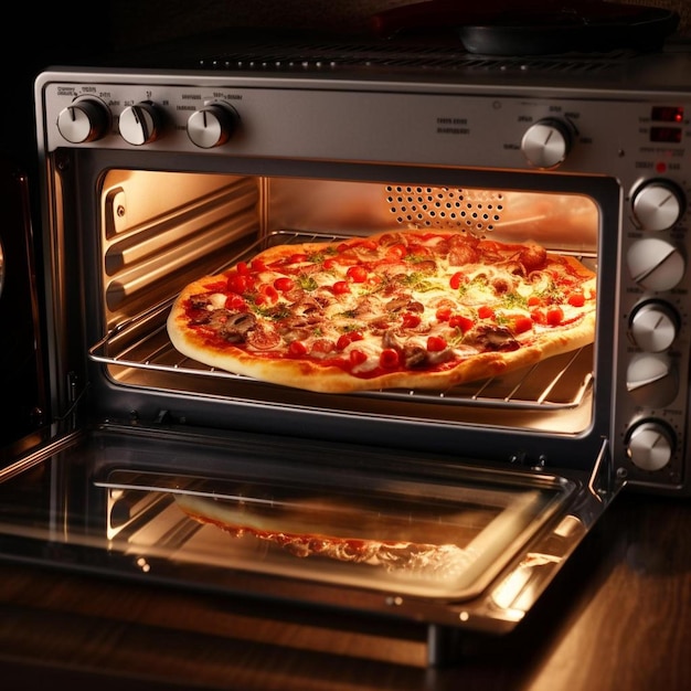 a pizza is in an oven with a glass jar on the top.