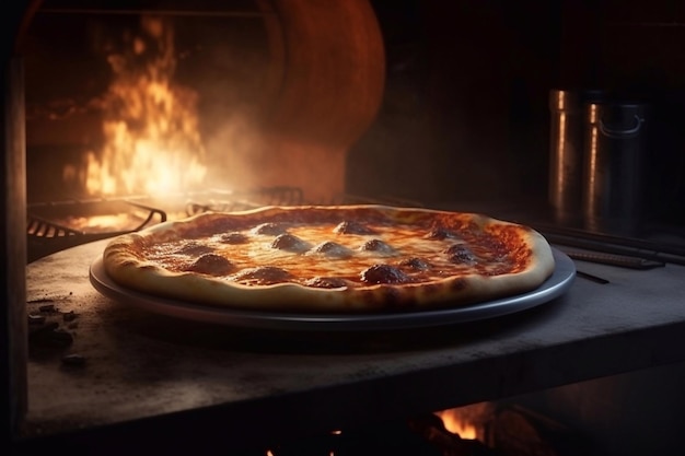 A pizza is on a pizza oven in front of a wood burning oven.