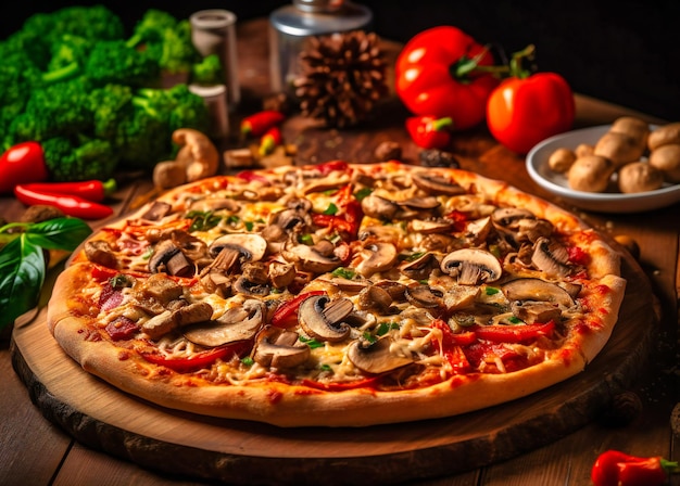 A pizza is shown with mushroom