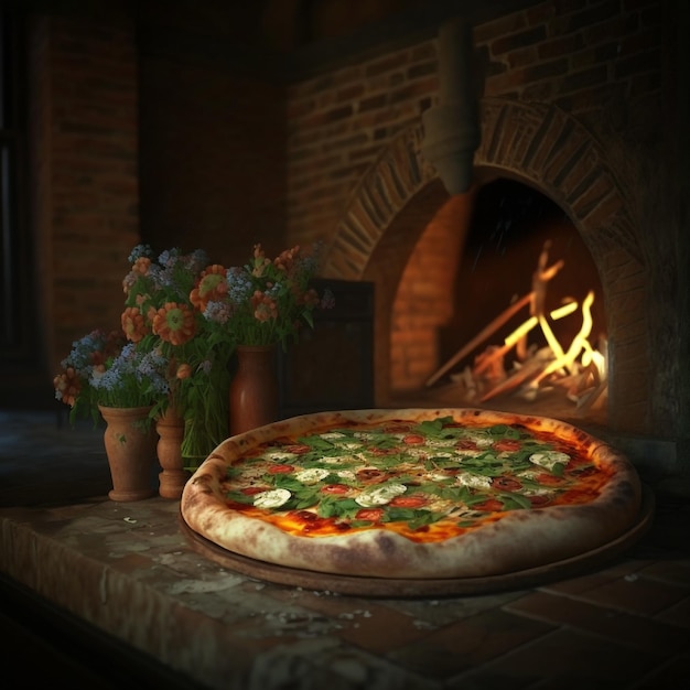 A pizza is on a table next to a fireplace with a vase of flowers.