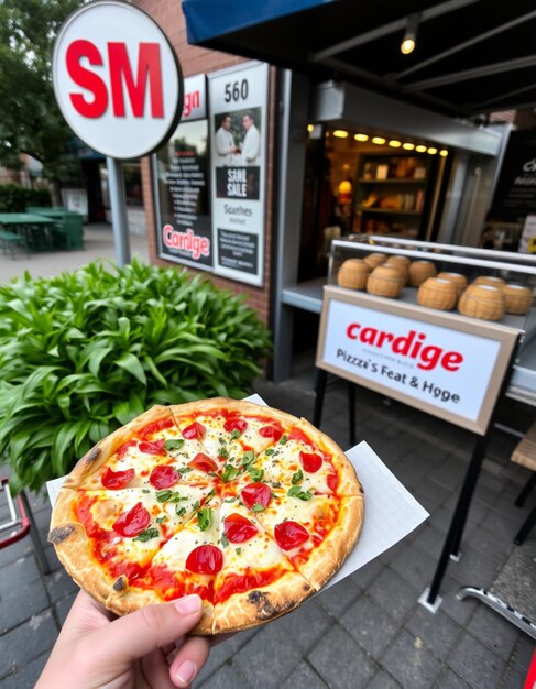 Photo a pizza is on a table outside with a sign that says smart car