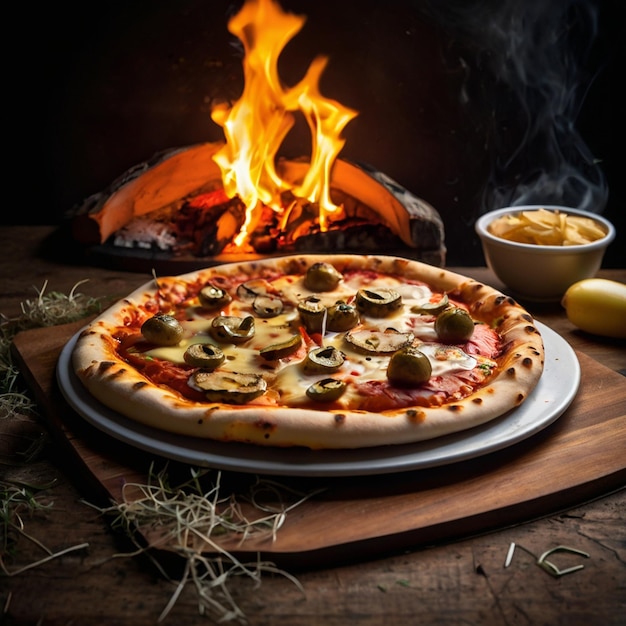 Photo a pizza is on a tray with a bowl of mushrooms and a bowl of garlic