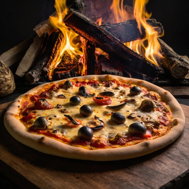 a pizza is on a wooden table with a fire in the background