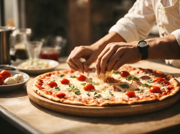 Pizza making process Male chef hands making authentic pizza in the pizzeria kitchen