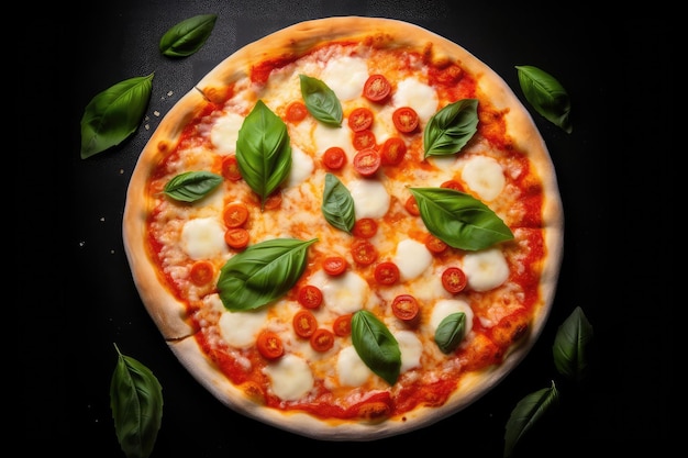 Pizza Margherita on black stone background top view