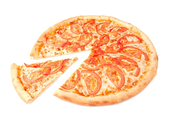 Pizza Margherita. Mozzarella cheese and slices of tomato. A piece is cut off from pizza. White background. Isolated. Close-up.