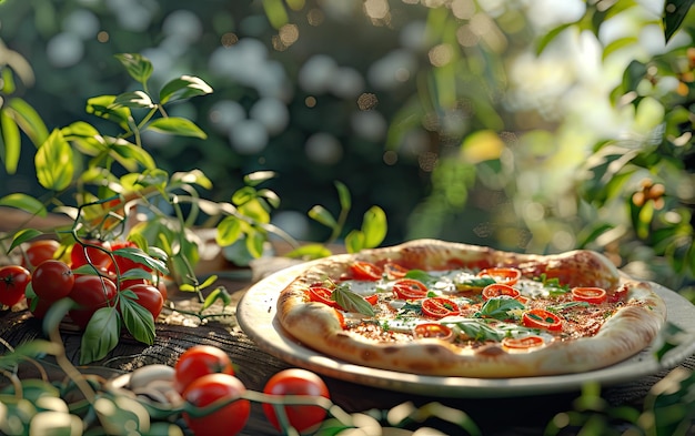 Photo a pizza margherita on the nature background professional advertising food photo ai generated