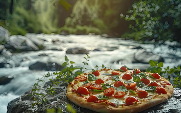 Photo a pizza margherita on the nature background professional advertising food photo ai generated