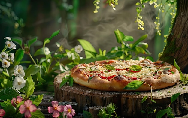 Photo a pizza margherita on the nature background professional advertising food photo ai generated